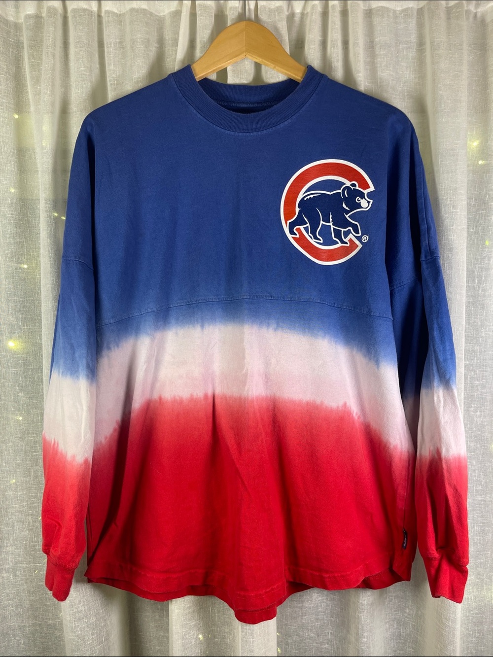 Fanatics Blue, White & Red Dip-Dye Crewneck Jumper with back graphic